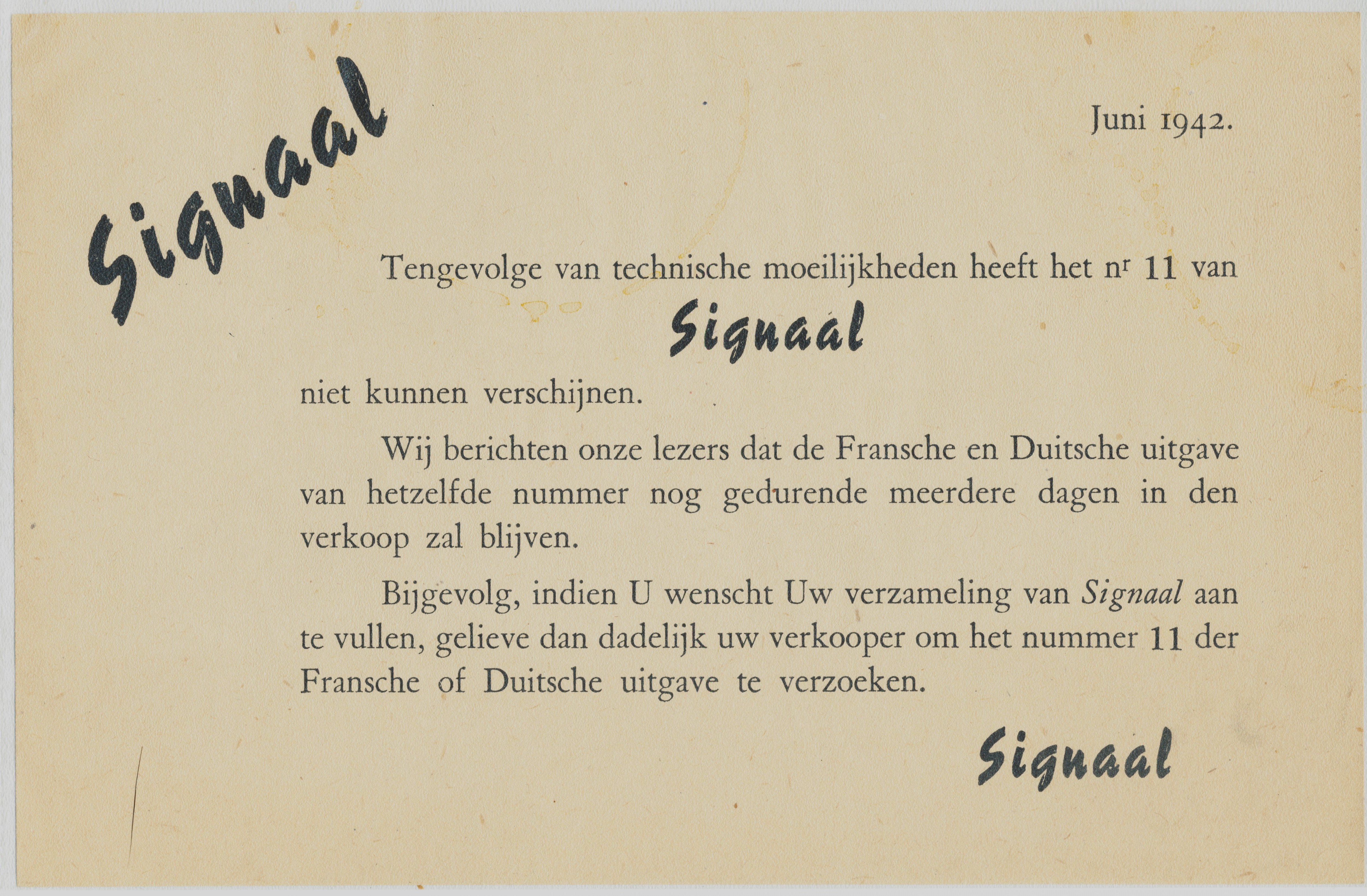 SIGNAAL - June 1942 - non-release of issue 11 of 1942 in Belgium